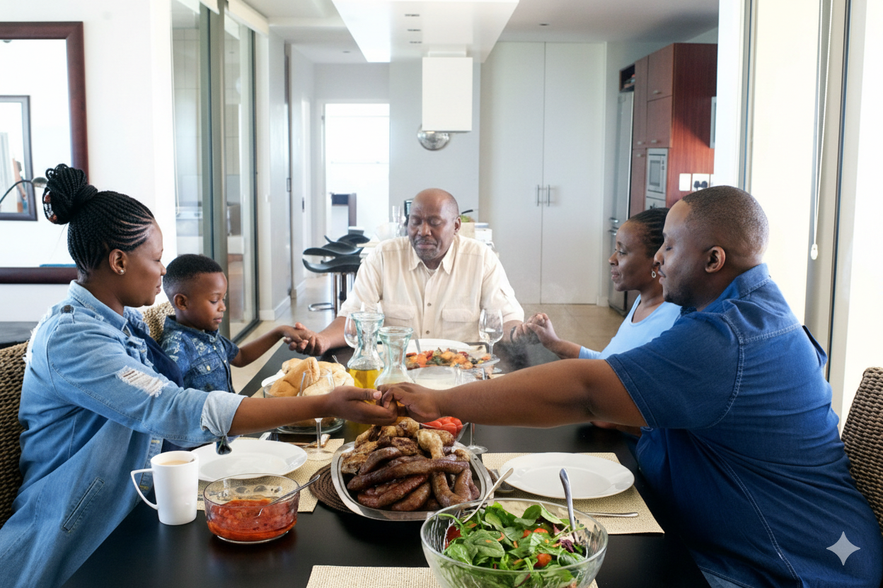 African family preparing food in kitchen.