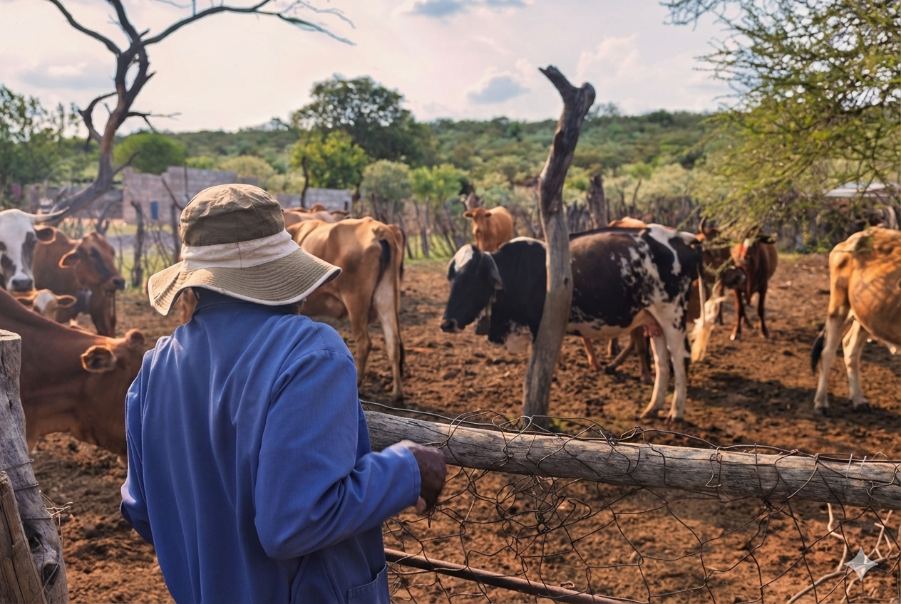 A farmer surveying cattle in a traditional kraal