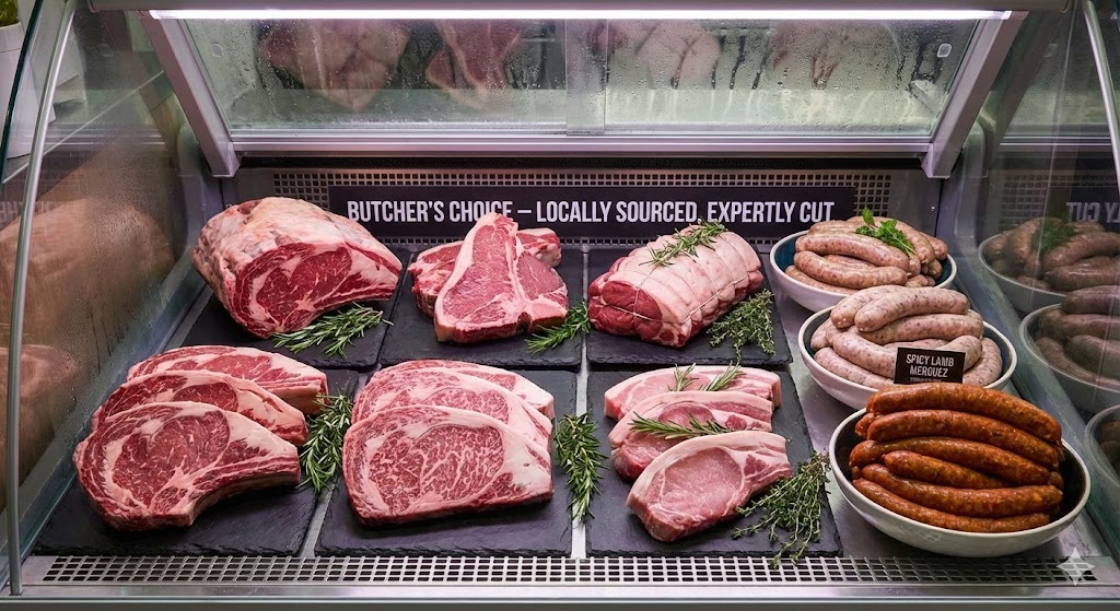 Premium beef cuts expertly arranged in a professional butcher display