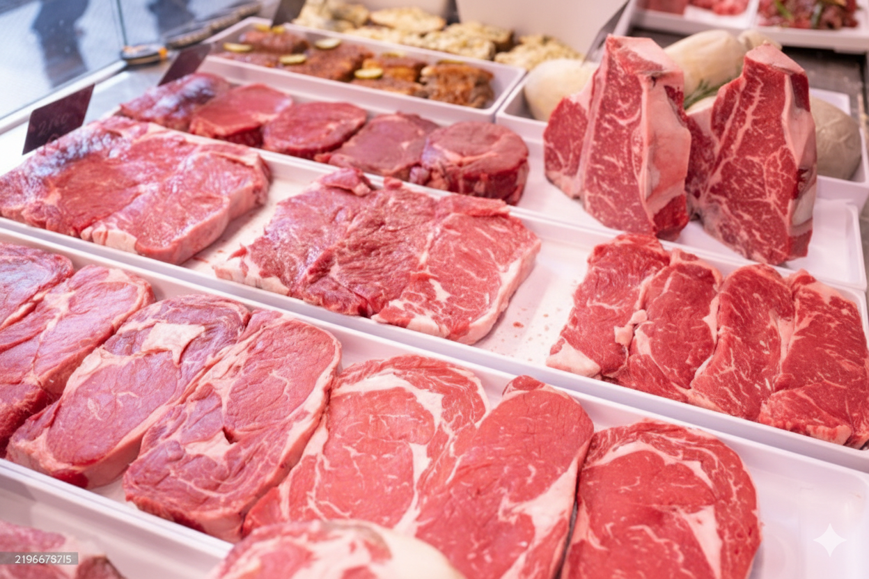 Premium beef cuts displayed in a professional butcher case