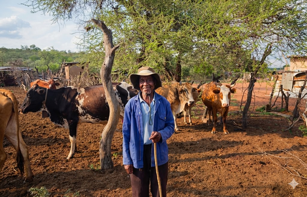 A local Zimbabwean farmer stands proudly among his cattle